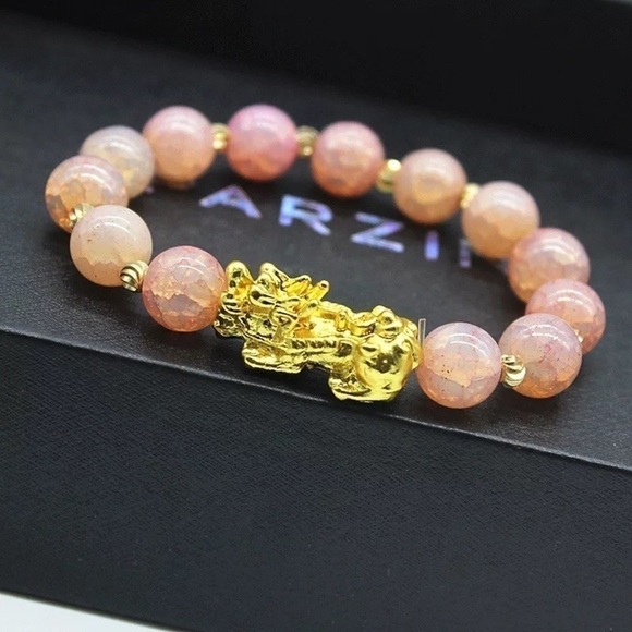 Light Pink Glass Beads Wealth Bracelet with Pixiu Pendent - Picture 1 of 6